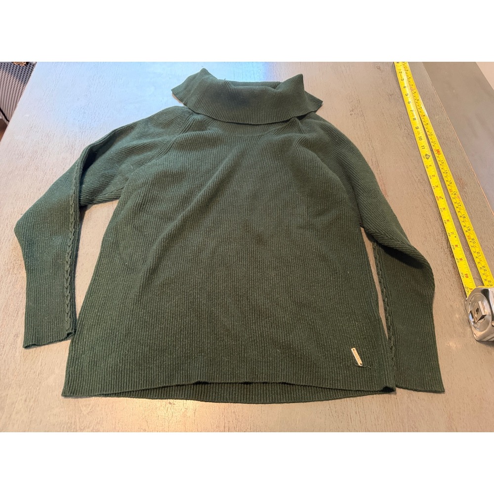 Tahari Forest Green Ribbed Turtleneck Sweater Raglan Cable Knit Sleeve Small